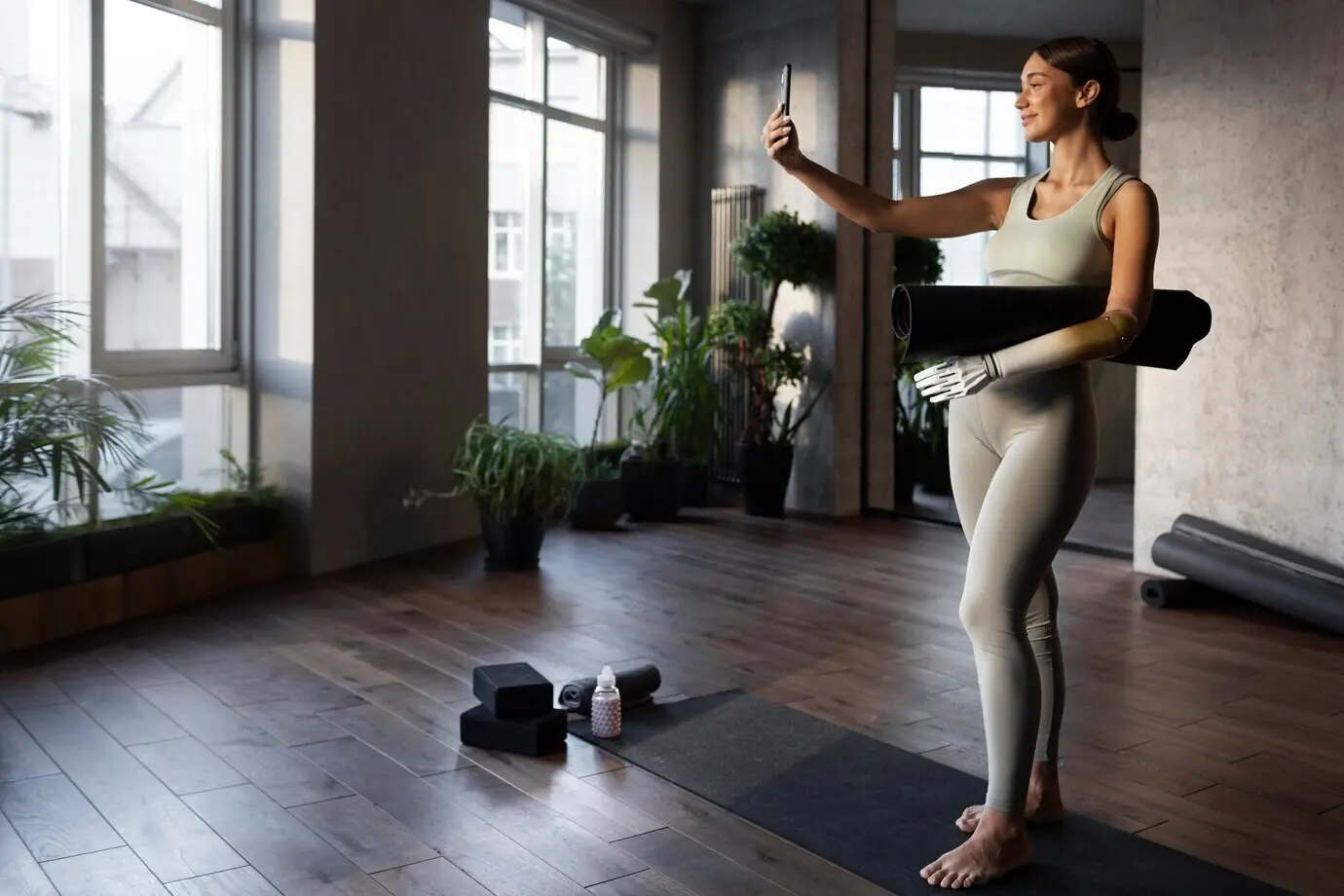 Full-body shot of a smiling woman taking a selfie.